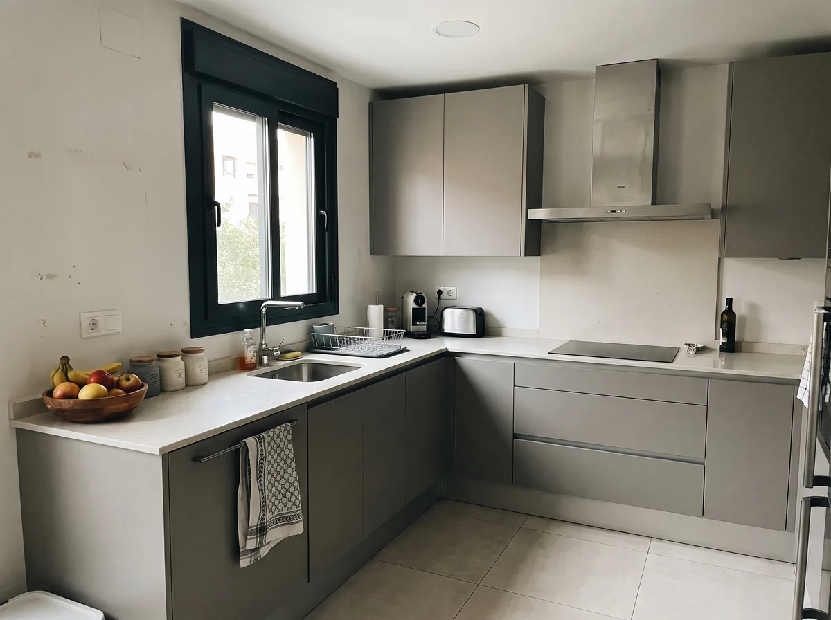 Cocina en L de unos 10 m² con muebles de madera clara y ventana (imagen generada con IA).