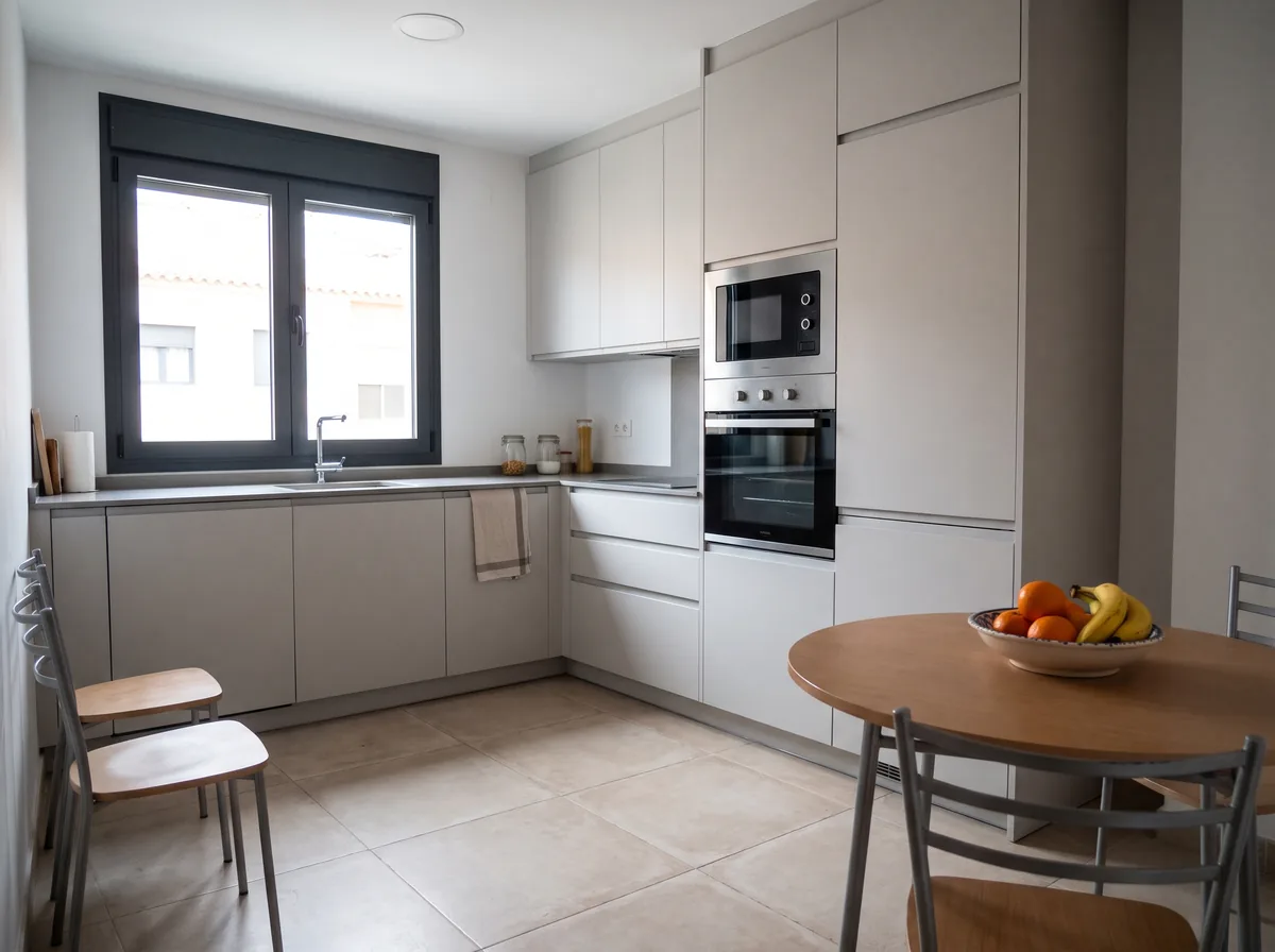 Cocina en L de unos 12 m² en un piso reformado, con columna de horno y una mesa pequeña junto a la ventana (imagen generada con IA).