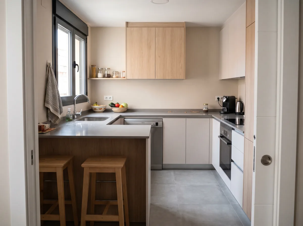 Cocina amplia de unos 15 m² con península, taburetes y muebles en dos colores (imagen generada con IA).