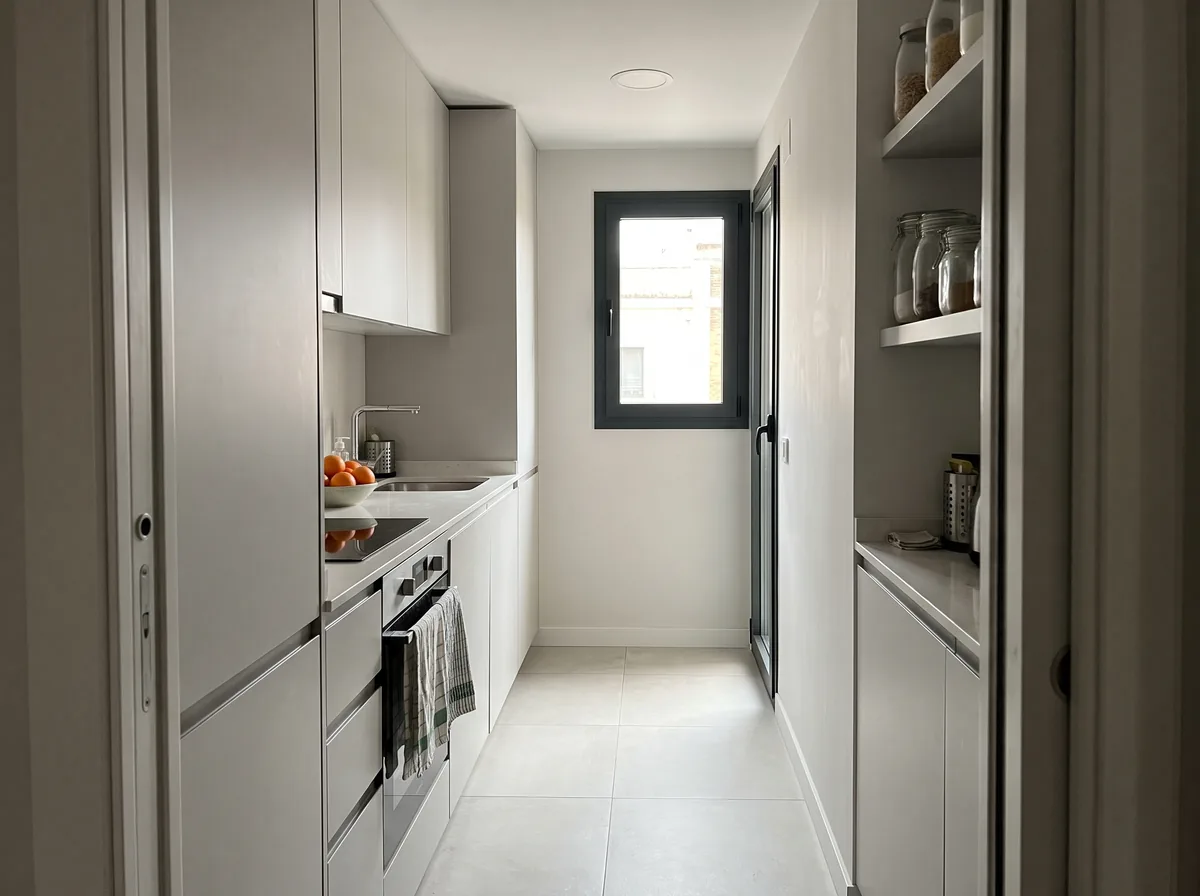 Cocina pequeña en línea de un piso reformado, con muebles blancos, encimera clara y ventana al fondo (imagen generada con IA).