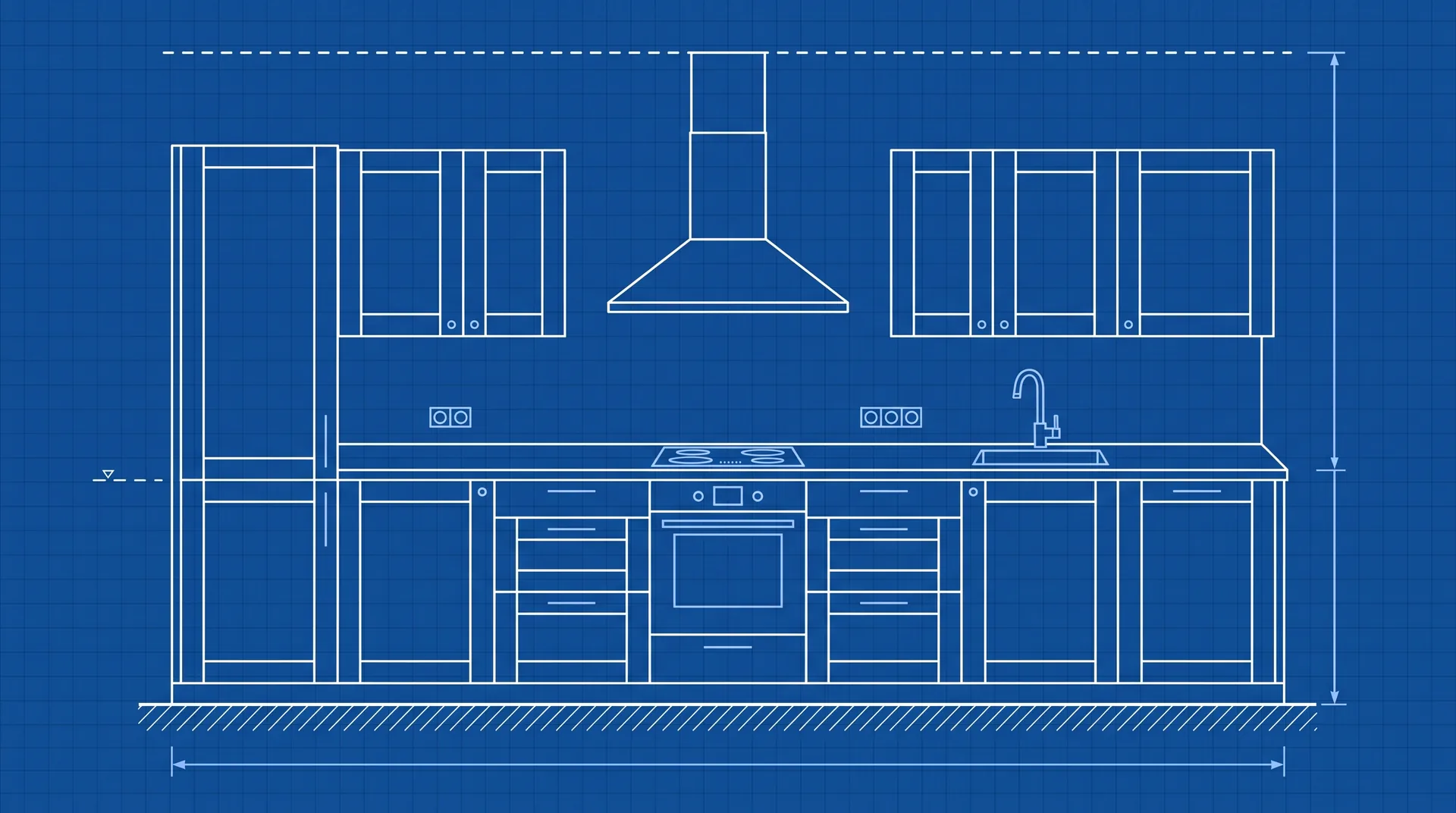 Alzado de una cocina en línea dibujado como un plano: columna del frigorífico, muebles bajos y altos, placa con horno debajo, campana, fregadero y enchufes.