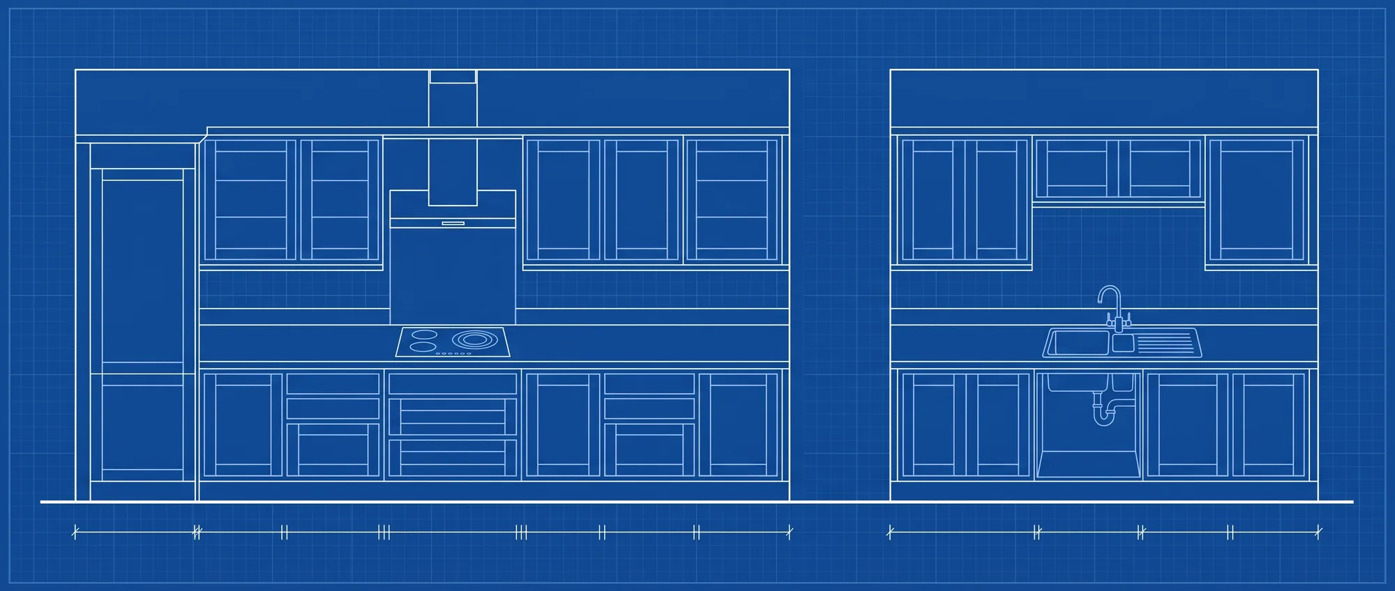 Dos alzados de una cocina en L dibujados como plano: la pared larga con fregadero y placa, y la corta con la columna del frigorífico.